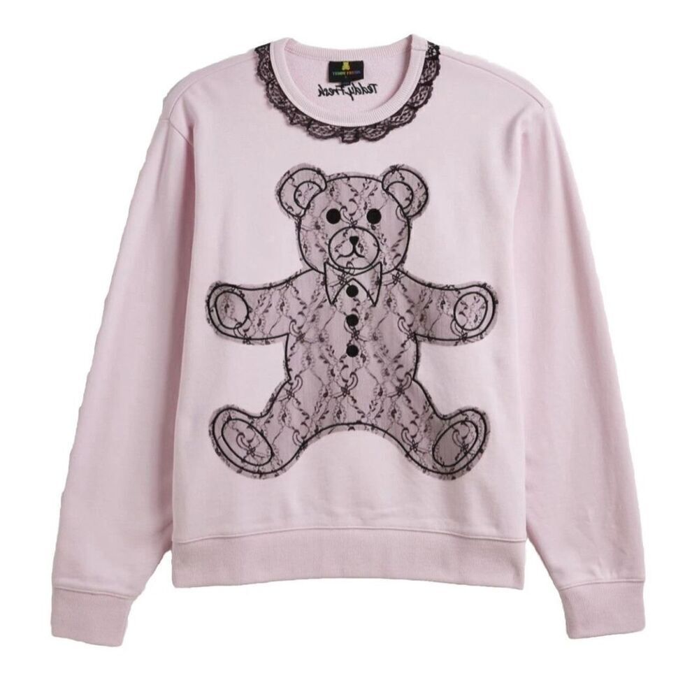 Teddy Fresh applique Bear pink sweater black Lace trim Women’s medium streetwear - Picture 2 of 12